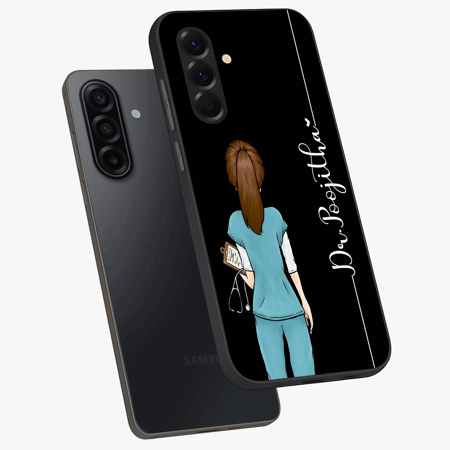 Doctor Pattern Custom Name Glass Case displayed in angled mockup highlighting doctor inspired artwork with custom name feature.