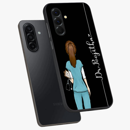 Doctor Pattern Custom Name Glass Case displayed in angled mockup highlighting doctor inspired artwork with custom name feature.