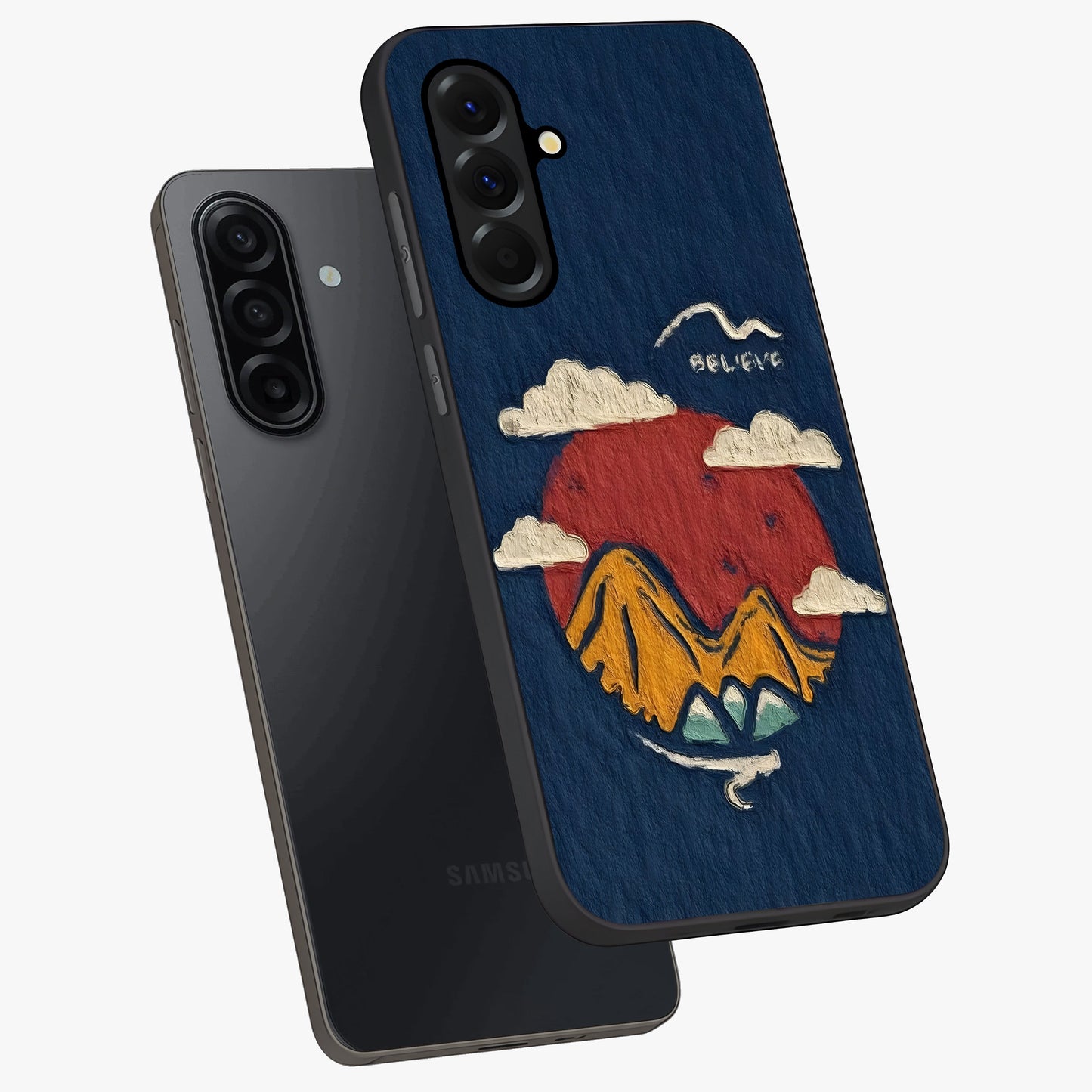 Dream Beyond Mountains Glass Case displayed in angled mockup highlighting dreamy mountain illustration with peaceful aesthetic.