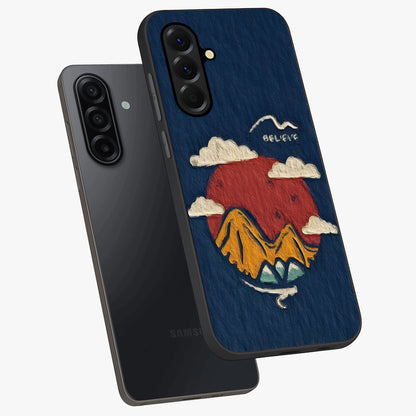 Dream Beyond Mountains Glass Case displayed in angled mockup highlighting dreamy mountain illustration with peaceful aesthetic.