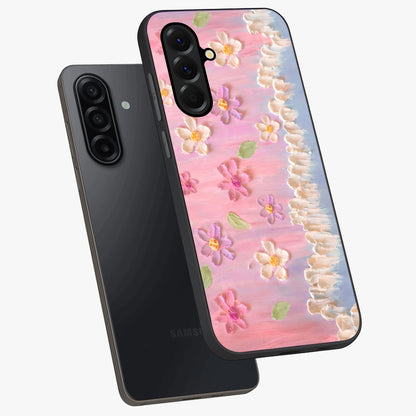 Dreamy Painted Garden Glass Case displayed in angled mockup highlighting colorful garden illustration with dreamy aesthetic style.