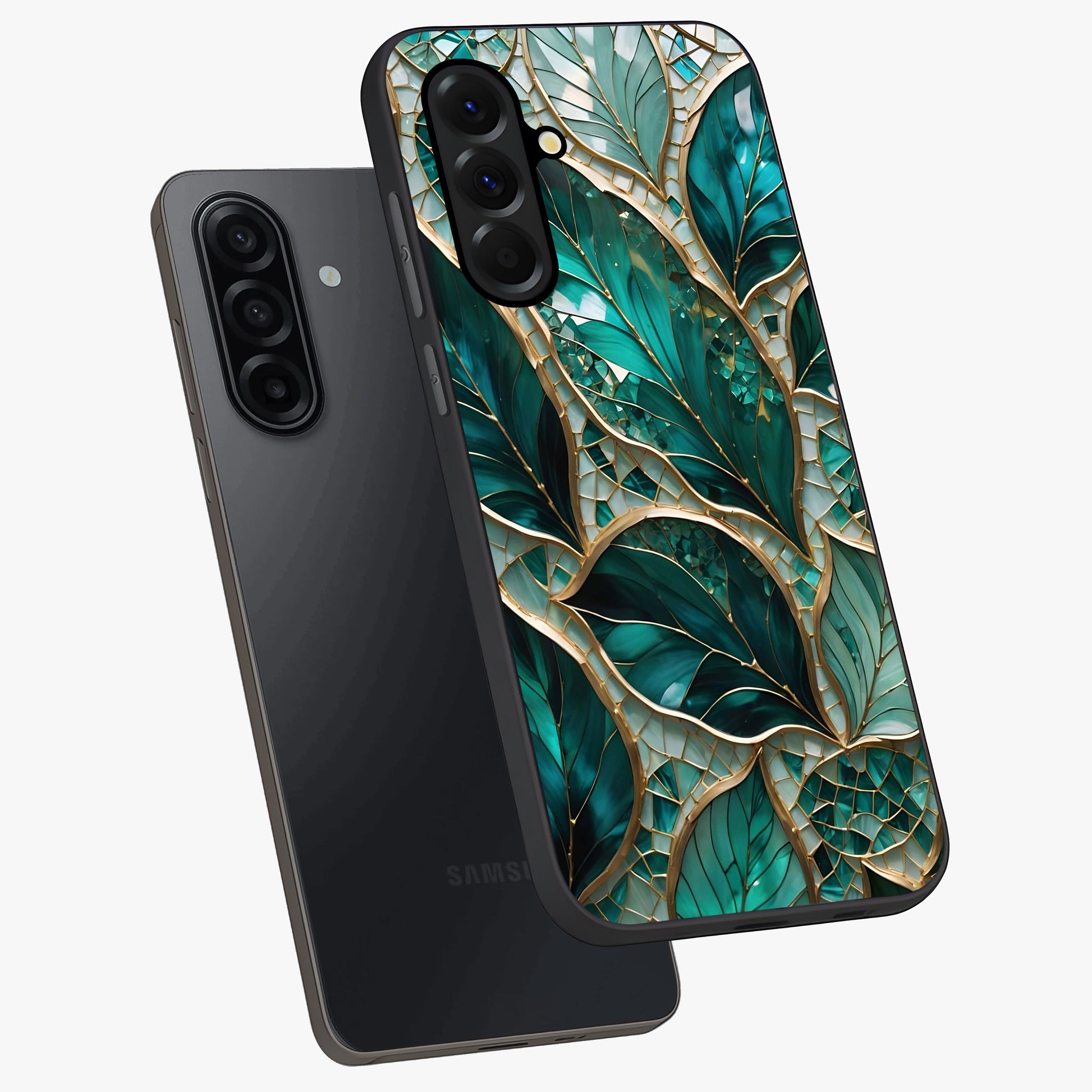 Emerald Leaf Glass Glass Case displayed in angled mockup highlighting botanical leaf illustration with elegant natural aesthetic.