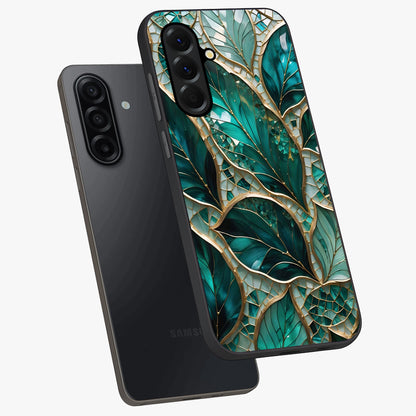 Emerald Leaf Glass Glass Case displayed in angled mockup highlighting botanical leaf illustration with elegant natural aesthetic.