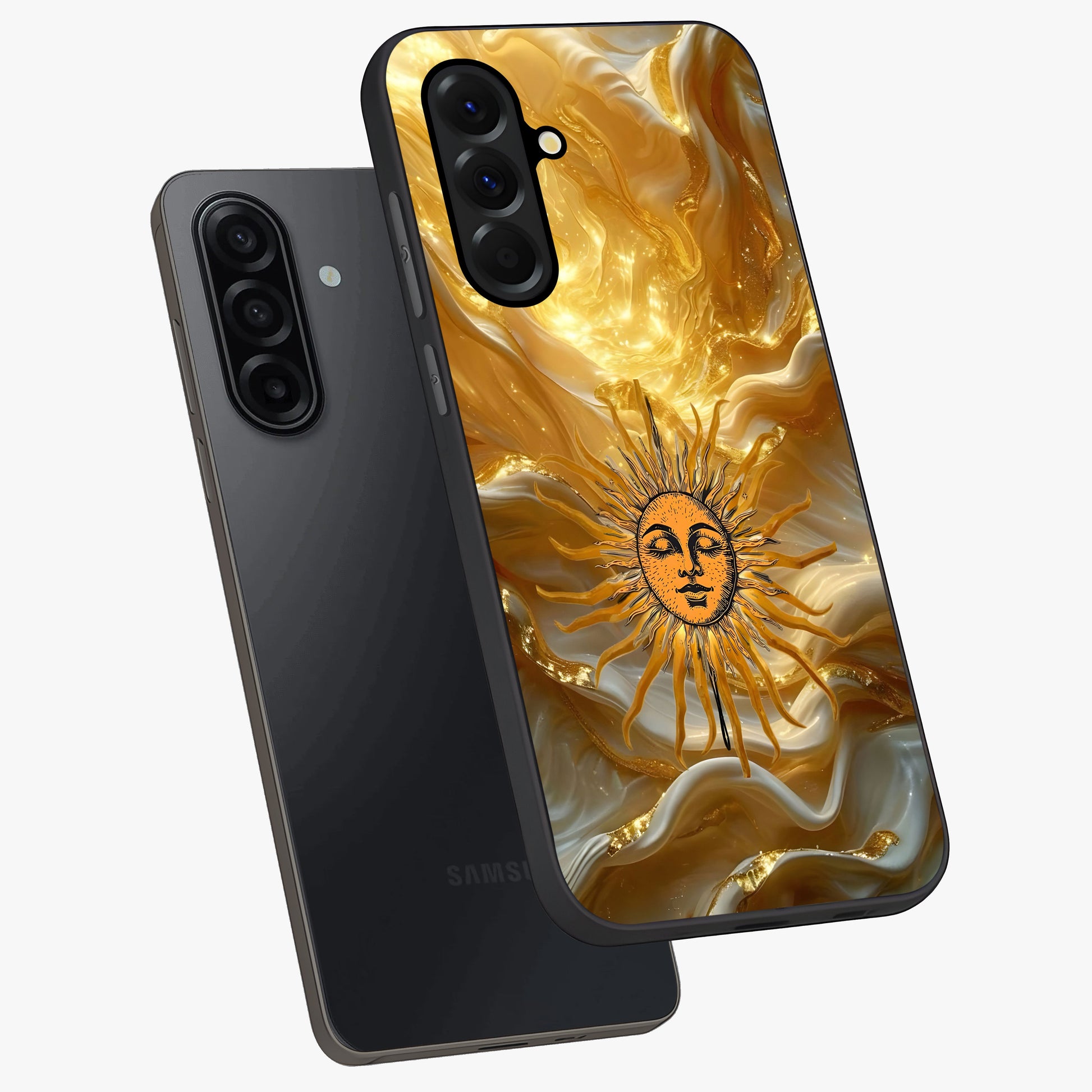 Eternal Golden Glow Glass Case displayed in angled mockup highlighting glowing golden aesthetic design with elegant style.