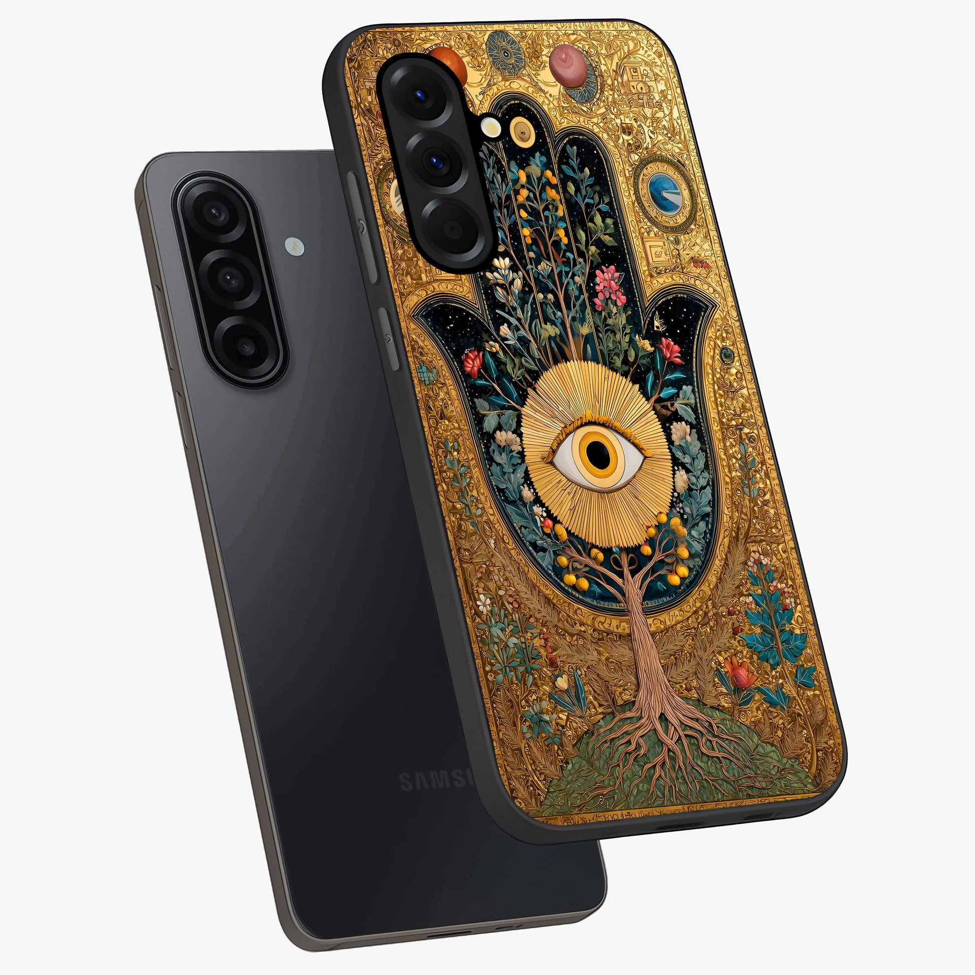 Ethereal Evil Eye Glass Case displayed in angled mockup highlighting protective evil eye symbol with spiritual aesthetic design.