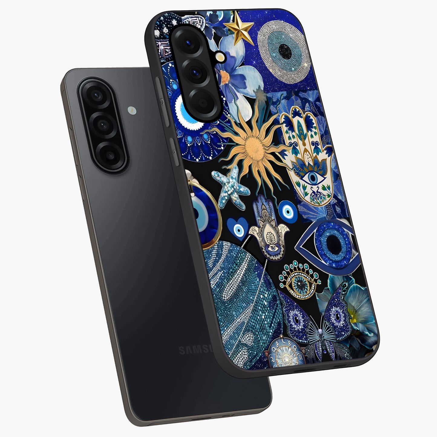 Evil Eye Charm Mix Glass Case displayed in angled mockup highlighting protective evil eye symbols with spiritual aesthetic design.