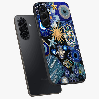 Evil Eye Charm Mix Glass Case displayed in angled mockup highlighting protective evil eye symbols with spiritual aesthetic design.