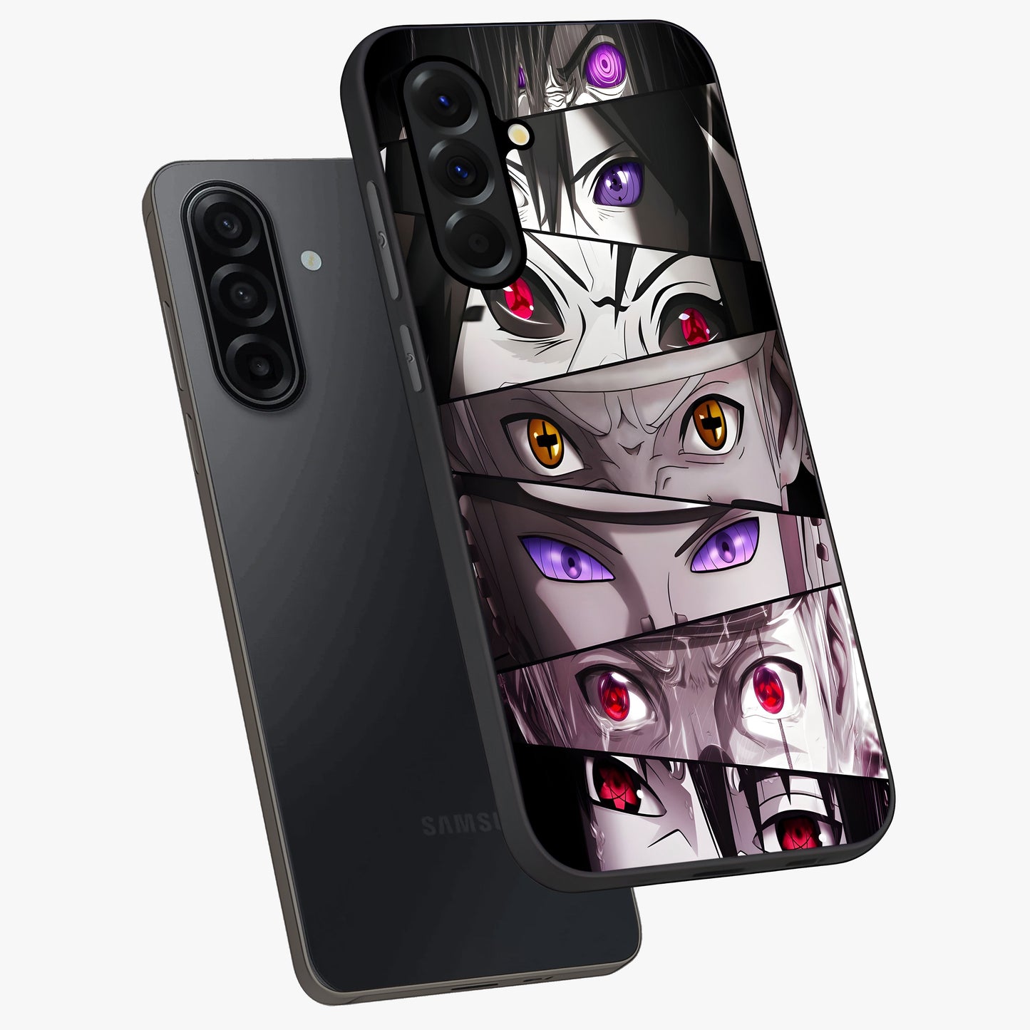 Eyes of Destiny Glass Case displayed in angled mockup highlighting bold eye illustration with mystical aesthetic style.