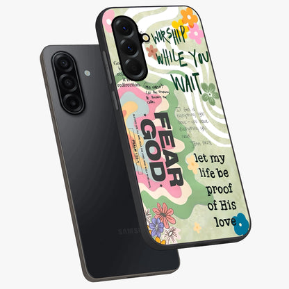 Faith Over Fear Glass Case displayed in angled mockup highlighting inspirational message design with modern aesthetic style.