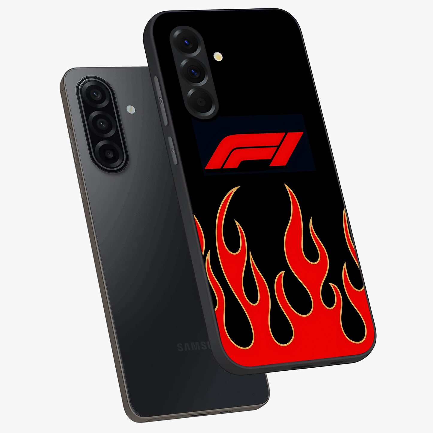 Fire F11 Glass Case displayed in angled mockup highlighting bold fire inspired graphic with energetic aesthetic style.