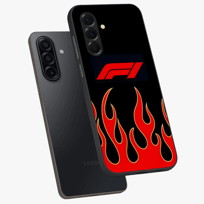 Fire F11 Glass Case displayed in angled mockup highlighting bold fire inspired graphic with energetic aesthetic style.