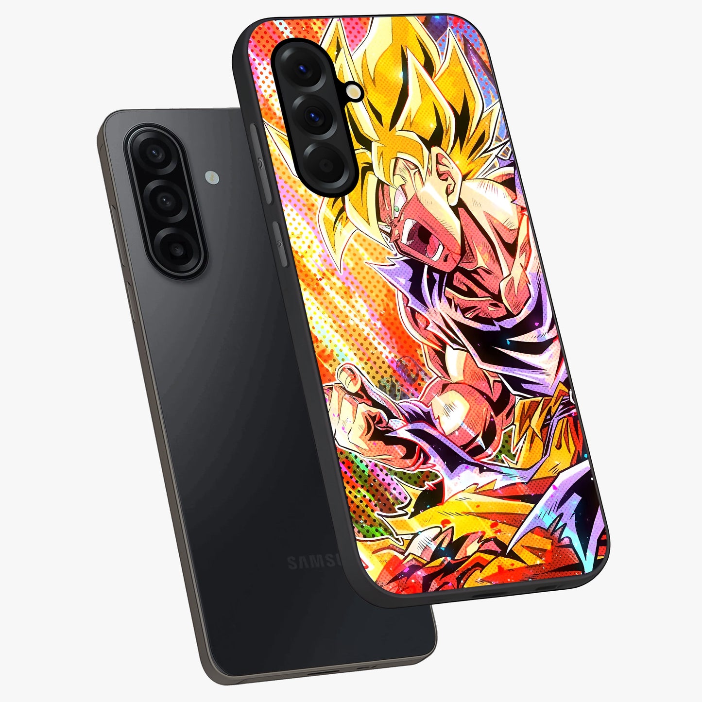 Firing Goku Glass Case displayed in angled mockup highlighting dynamic anime character design with action aesthetic.