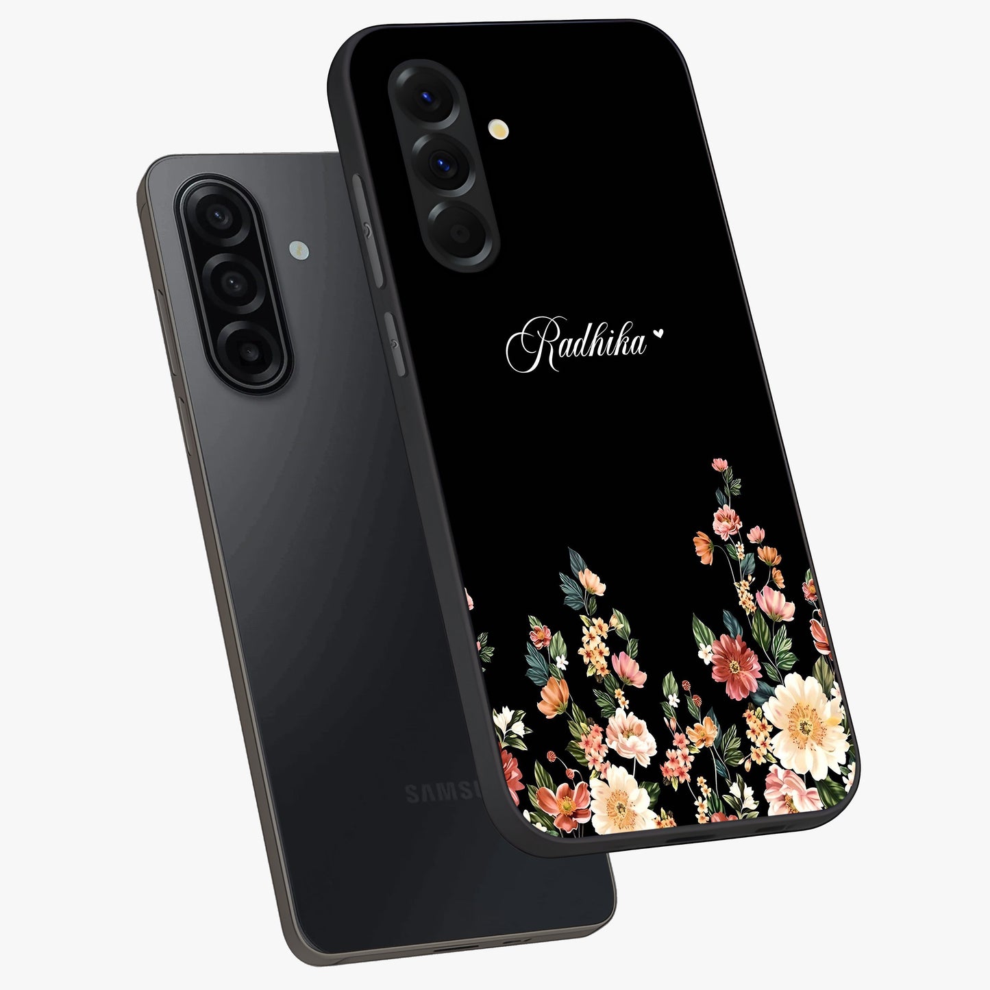 Floral Design With a Custom Personalized Name Glass Case displayed in angled mockup highlighting elegant floral pattern with custom name feature.