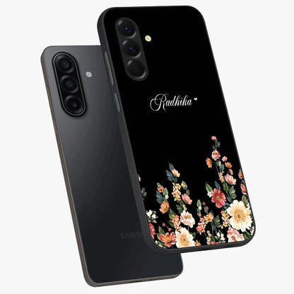 Floral Design With a Custom Personalized Name Glass Case displayed in angled mockup highlighting elegant floral pattern with custom name feature.