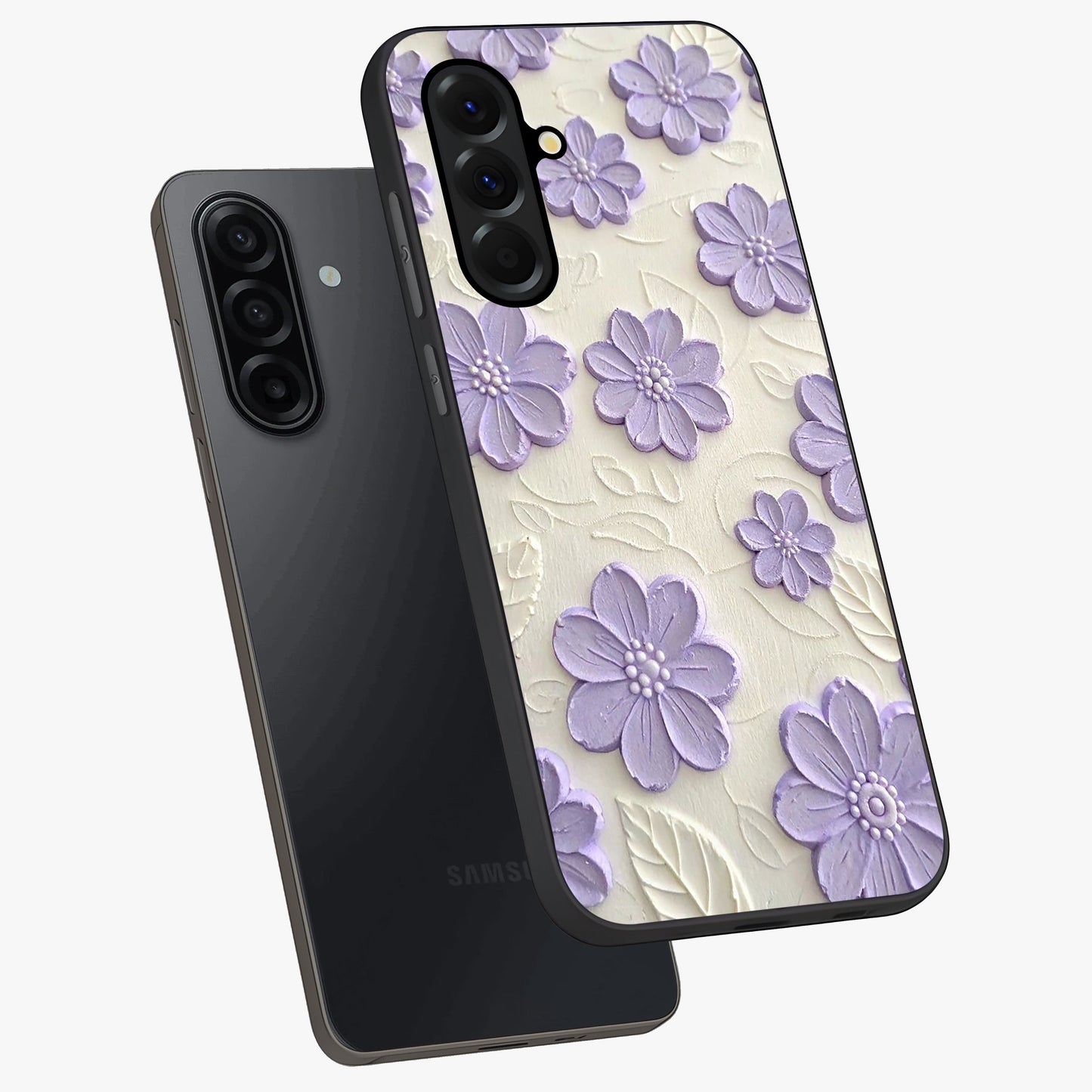 Floral Wall Art With Purple Flowers Glass Case displayed in angled mockup highlighting vibrant purple floral illustration with artistic aesthetic.
