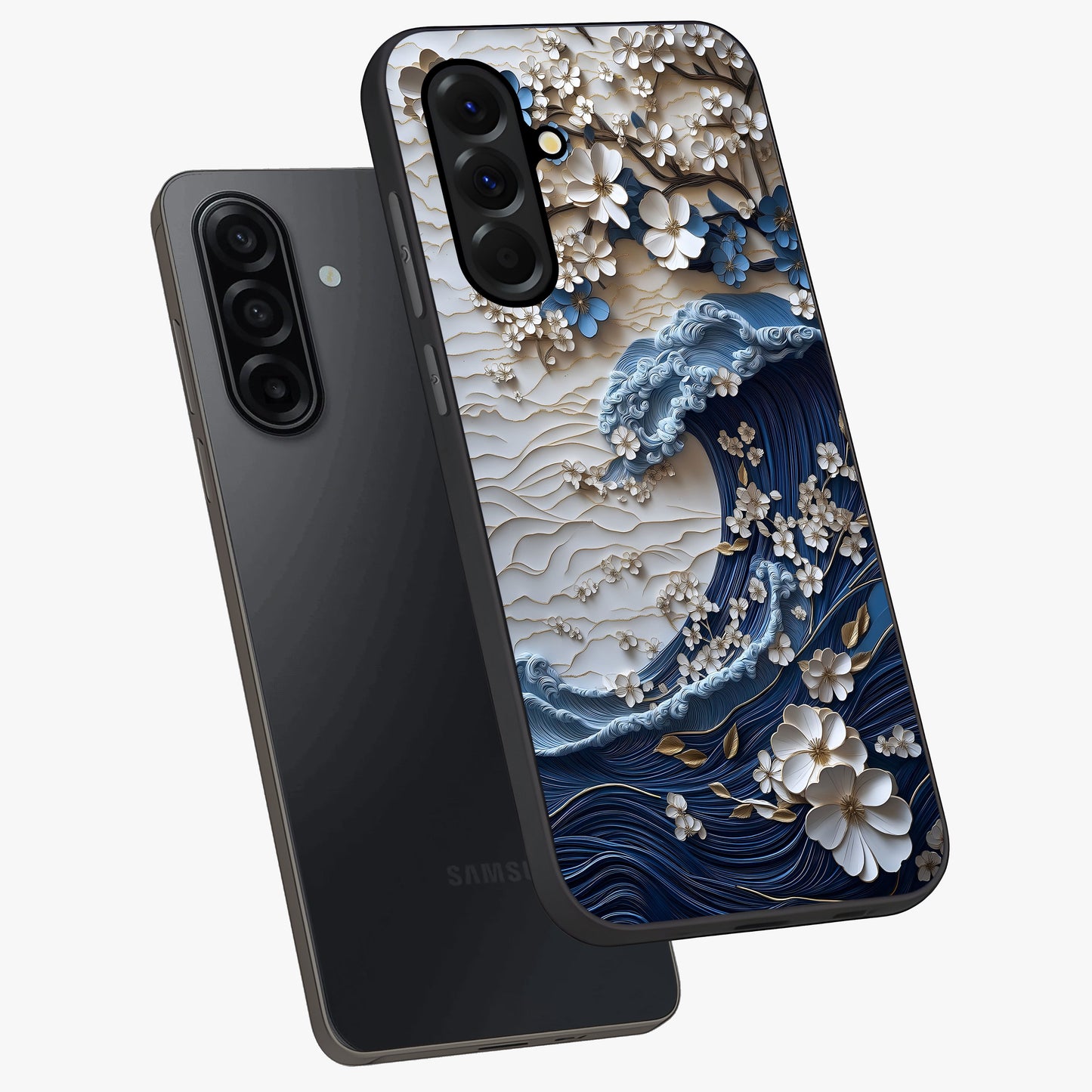 Floral Wave Origami Glass Case displayed in angled mockup highlighting geometric origami flower design with modern aesthetic style.