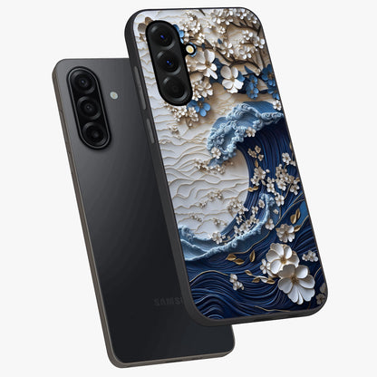 Floral Wave Origami Glass Case displayed in angled mockup highlighting geometric origami flower design with modern aesthetic style.