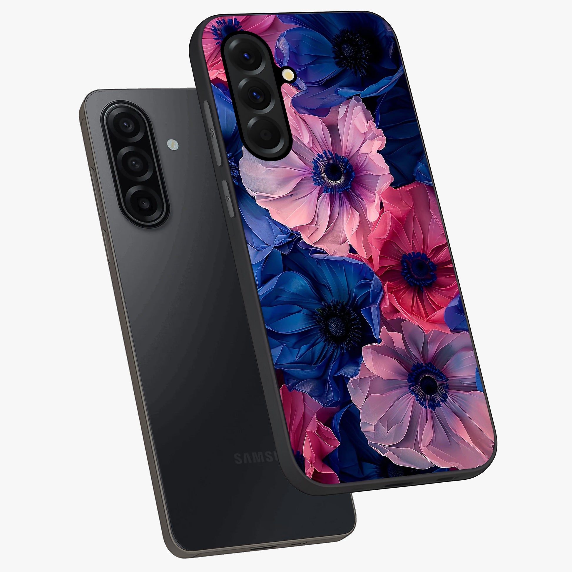Flower Paper Art Pattern Glass Case displayed in angled mockup highlighting layered paper flower design with artistic aesthetic.