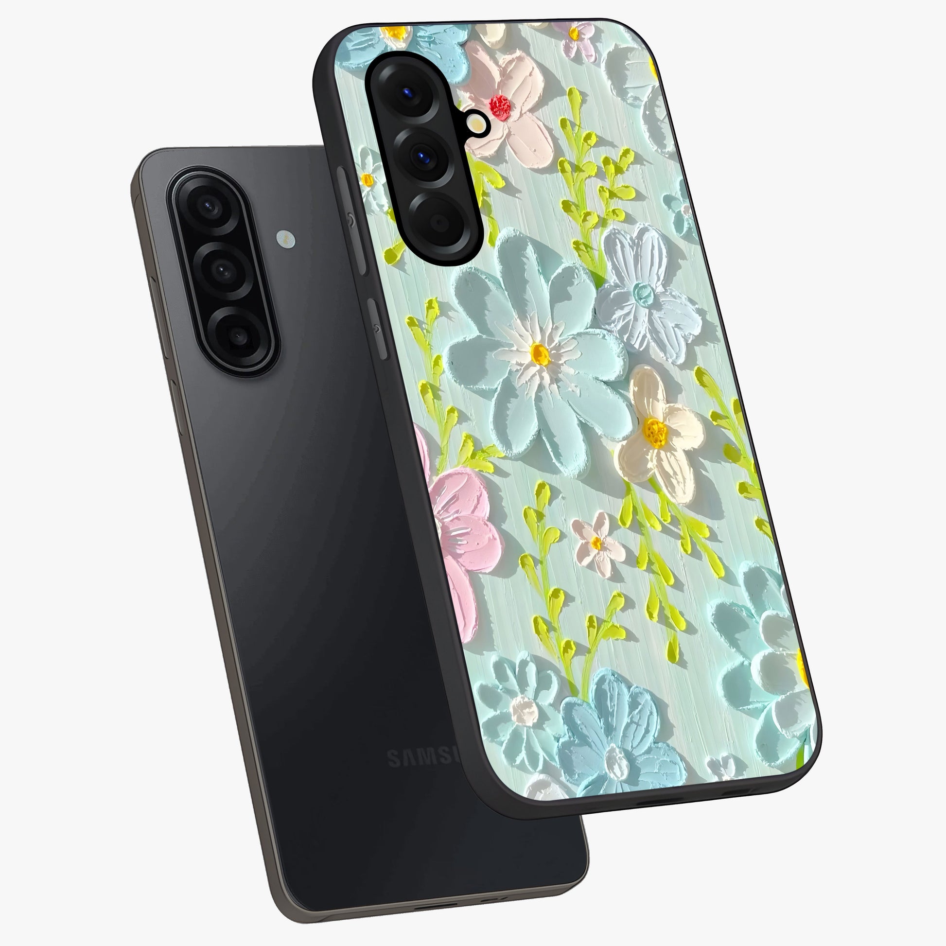 Frosted Petal Garden Glass Case displayed in angled mockup highlighting delicate flower petal design with calm garden aesthetic.