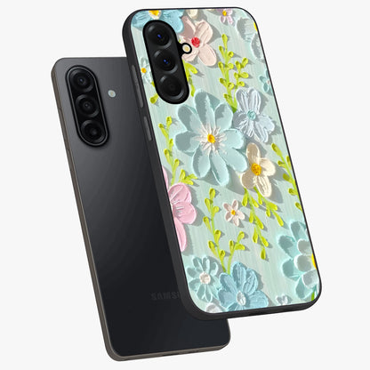 Frosted Petal Garden Glass Case displayed in angled mockup highlighting delicate flower petal design with calm garden aesthetic.