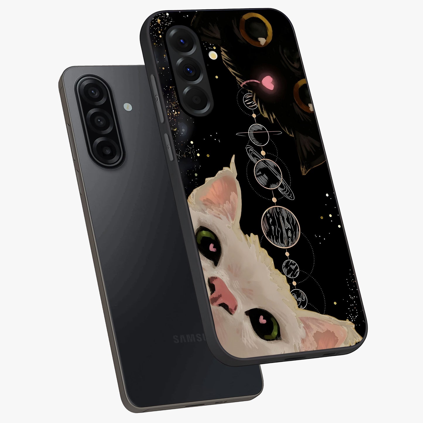 Galactic Cat Glass Case displayed in angled mockup highlighting celestial feline illustration with galaxy aesthetic style.