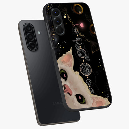 Galactic Cat Glass Case displayed in angled mockup highlighting celestial feline illustration with galaxy aesthetic style.