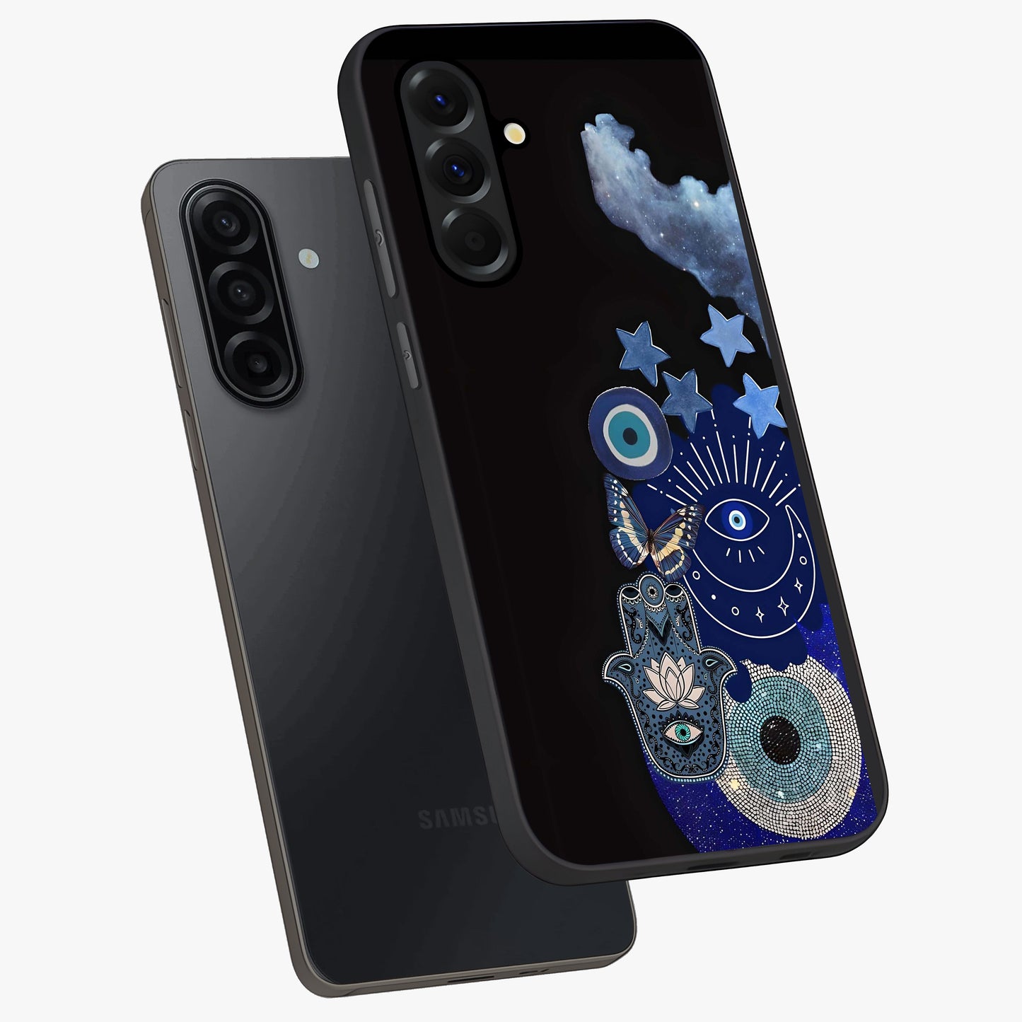 Galactic Charm Cluster Glass Case displayed in angled mockup highlighting luminous galaxy inspired design with dreamy aesthetic.