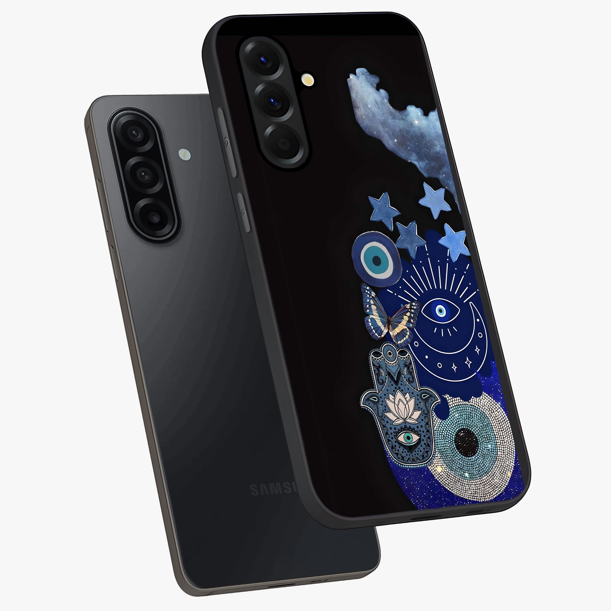 Galactic Charm Cluster Glass Case displayed in angled mockup highlighting luminous galaxy inspired design with dreamy aesthetic.
