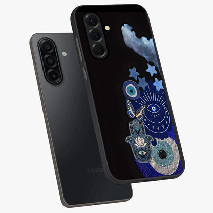 Galactic Charm Cluster Glass Case displayed in angled mockup highlighting luminous galaxy inspired design with dreamy aesthetic.
