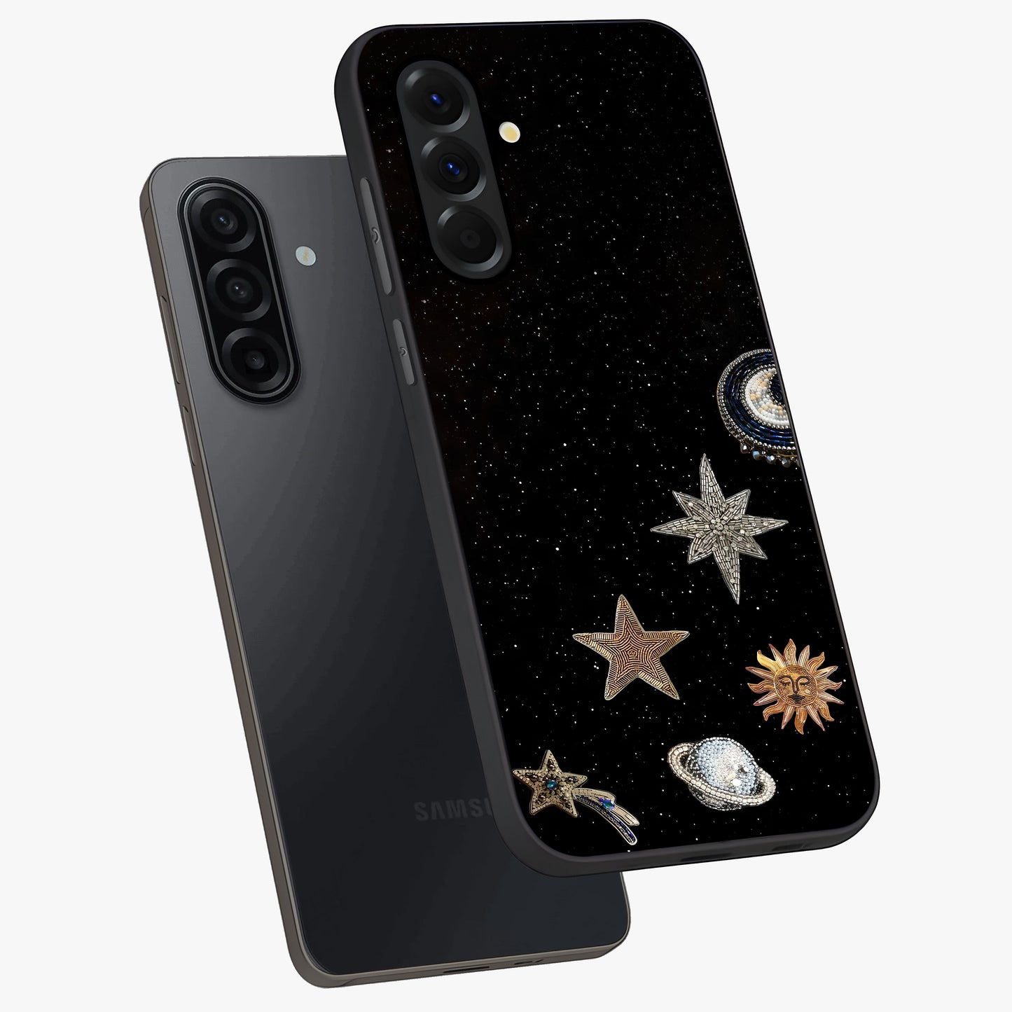 Galactic Charm Glow Glass Case displayed in angled mockup highlighting luminous galaxy inspired design with dreamy aesthetic.