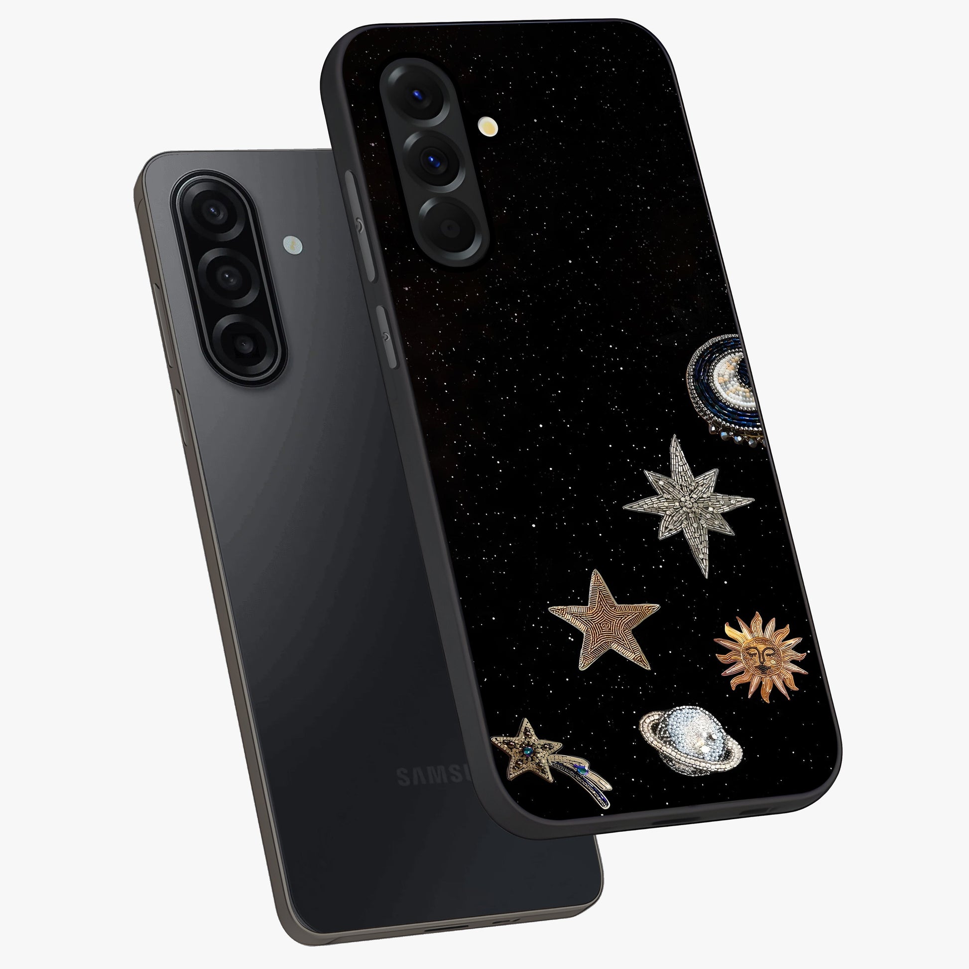 Galactic Charm Glow Glass Case displayed in angled mockup highlighting luminous galaxy inspired design with dreamy aesthetic.