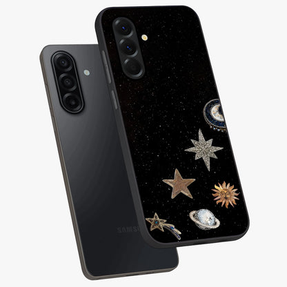 Galactic Charm Glow Glass Case displayed in angled mockup highlighting luminous galaxy inspired design with dreamy aesthetic.
