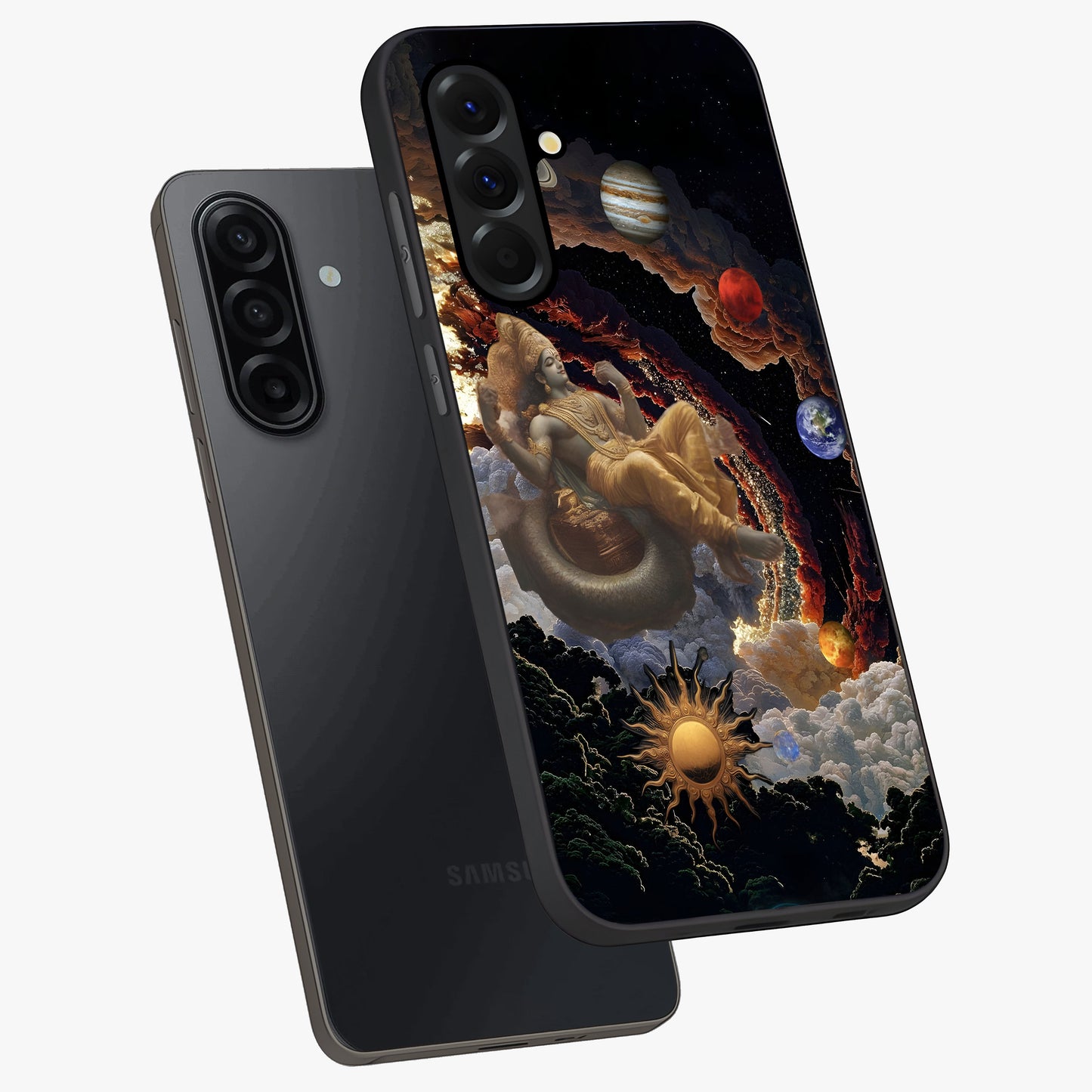 Galactic Divine God Glass Case displayed in angled mockup highlighting powerful celestial deity illustration with galactic aesthetic.