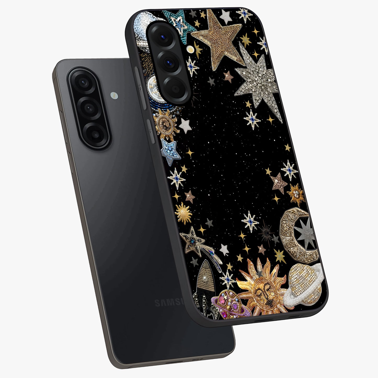 Galactic Jewel Stars Glass Case displayed in angled mockup highlighting shining celestial star design with cosmic aesthetic style.