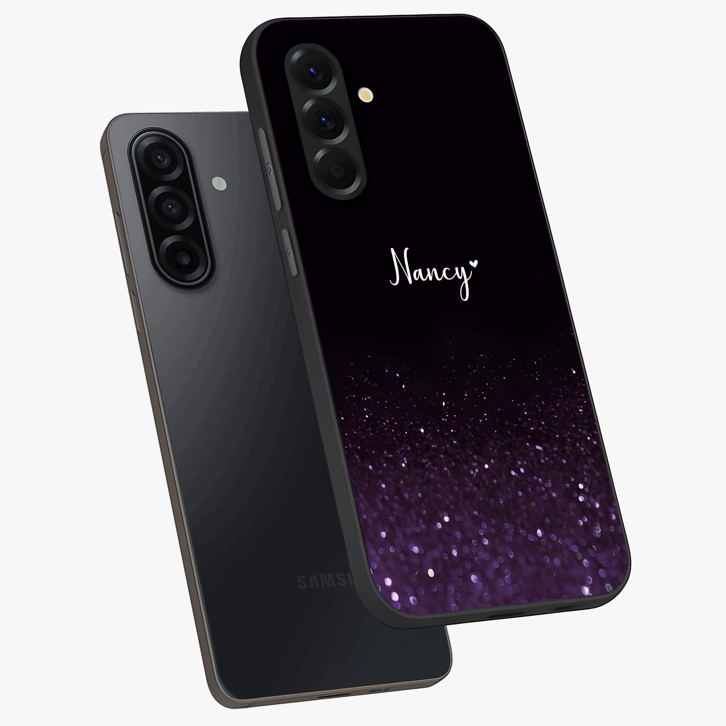 Glittery Purple Bokeh Custom Name Glass Case displayed in angled mockup highlighting glitter bokeh pattern with custom name feature.