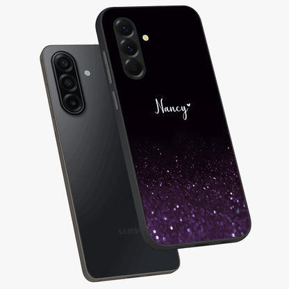 Glittery Purple Bokeh Custom Name Glass Case displayed in angled mockup highlighting glitter bokeh pattern with custom name feature.