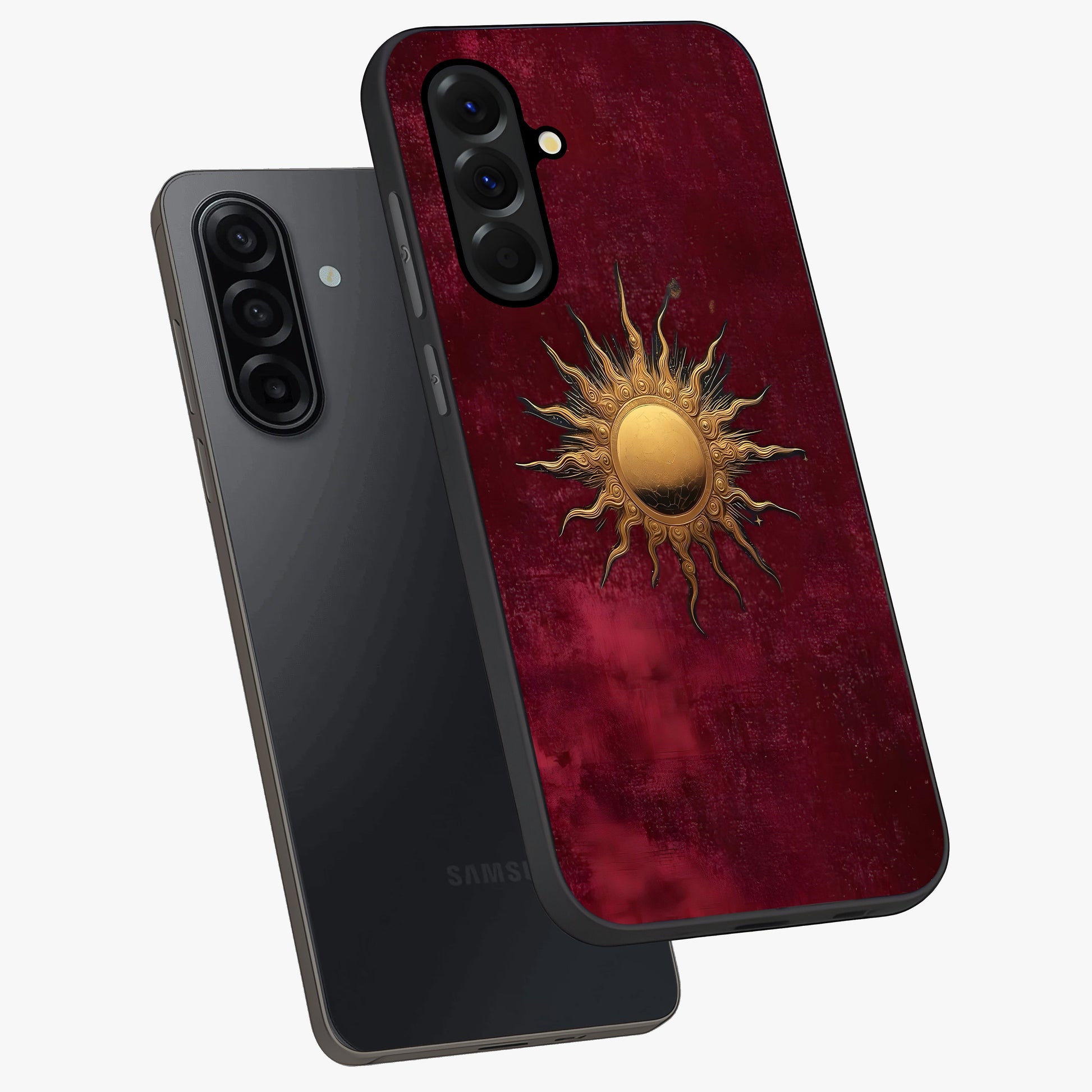 Golden Sun Minimalism Glass Case displayed in angled mockup highlighting clean sun symbol design with modern minimal aesthetic.