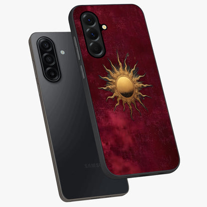 Golden Sun Minimalism Glass Case displayed in angled mockup highlighting clean sun symbol design with modern minimal aesthetic.