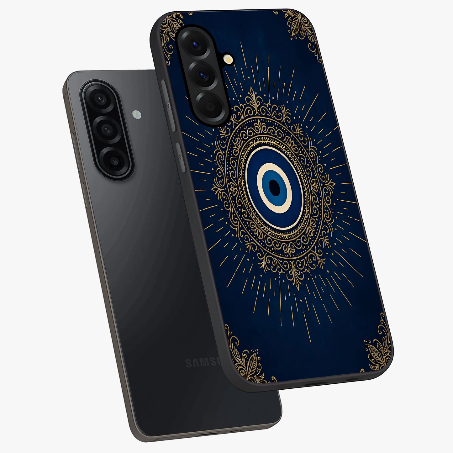 Golden Celestial Charm Glass Case displayed in angled mockup highlighting sparkling cosmic charm design with celestial aesthetic.