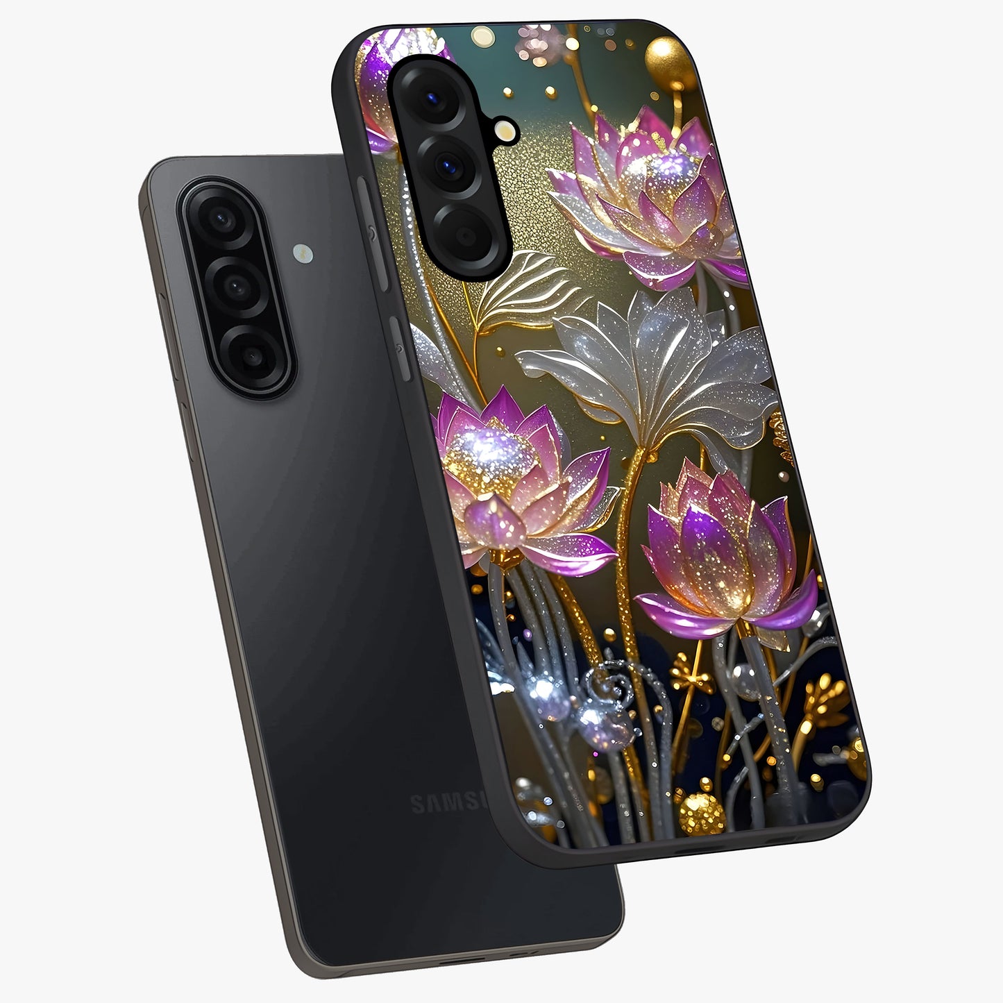 Golden Floral Majesty Glass Case displayed in angled mockup highlighting elegant flower design with royal golden aesthetic.