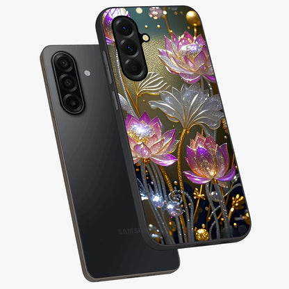 Golden Floral Majesty Glass Case displayed in angled mockup highlighting elegant flower design with royal golden aesthetic.