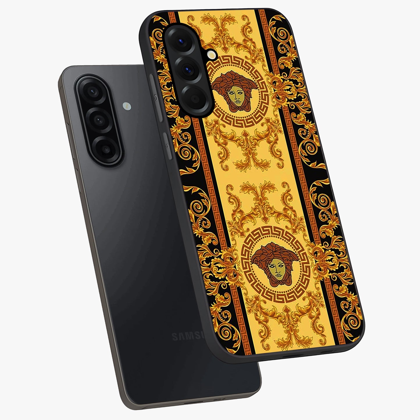 Golden Lotus Glow Glass Case displayed in angled mockup highlighting radiant lotus illustration with spiritual aesthetic.