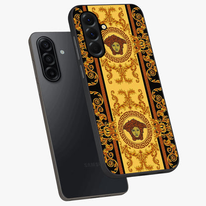 Golden Lotus Glow Glass Case displayed in angled mockup highlighting radiant lotus illustration with spiritual aesthetic.