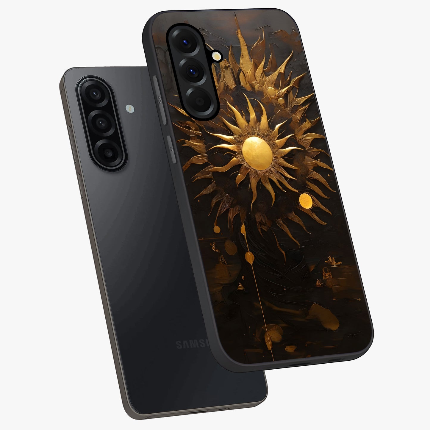 Golden Sun Majesty Glass Case displayed in angled mockup highlighting eerie shadow illustration with gothic aesthetic.