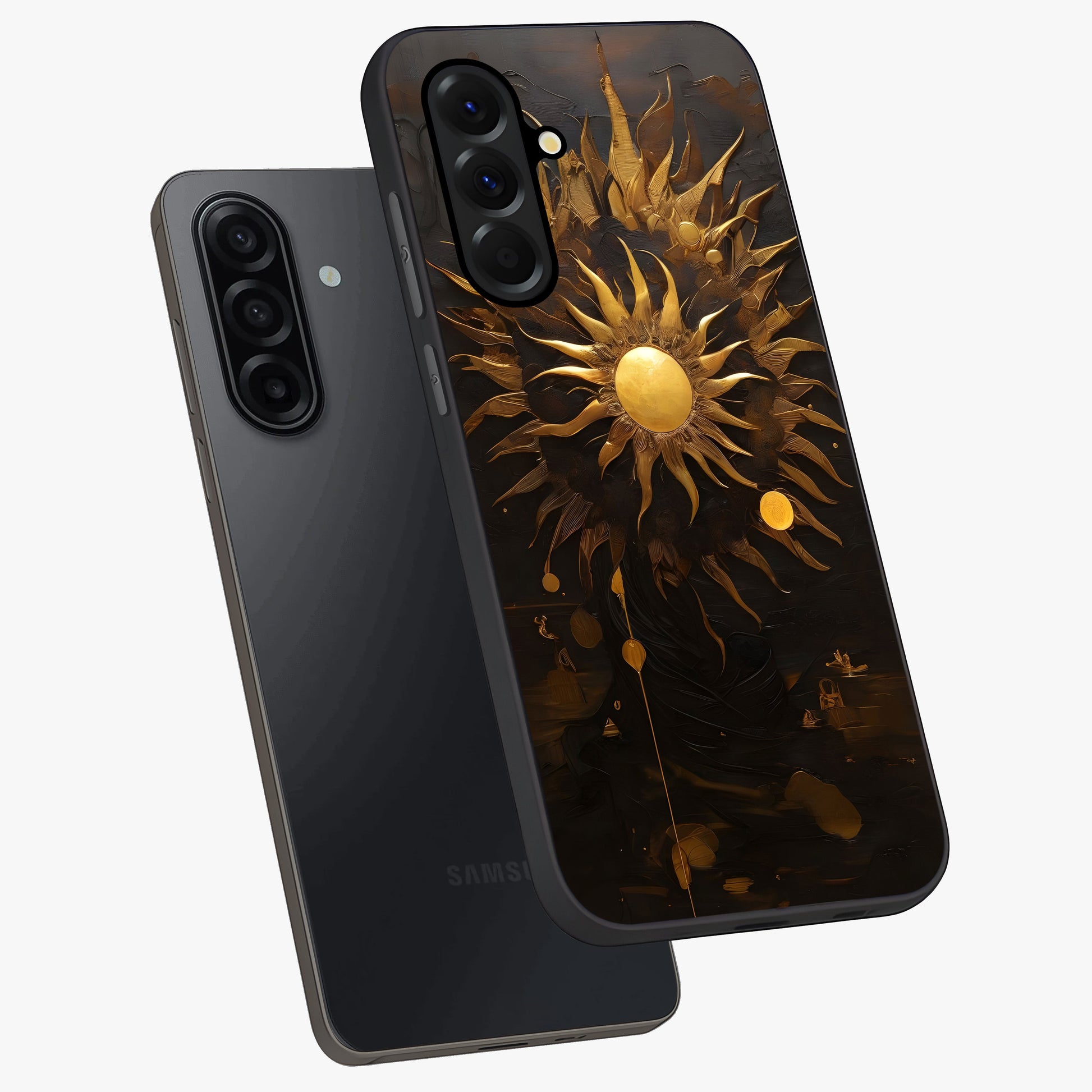 Golden Sun Majesty Glass Case displayed in angled mockup highlighting eerie shadow illustration with gothic aesthetic.
