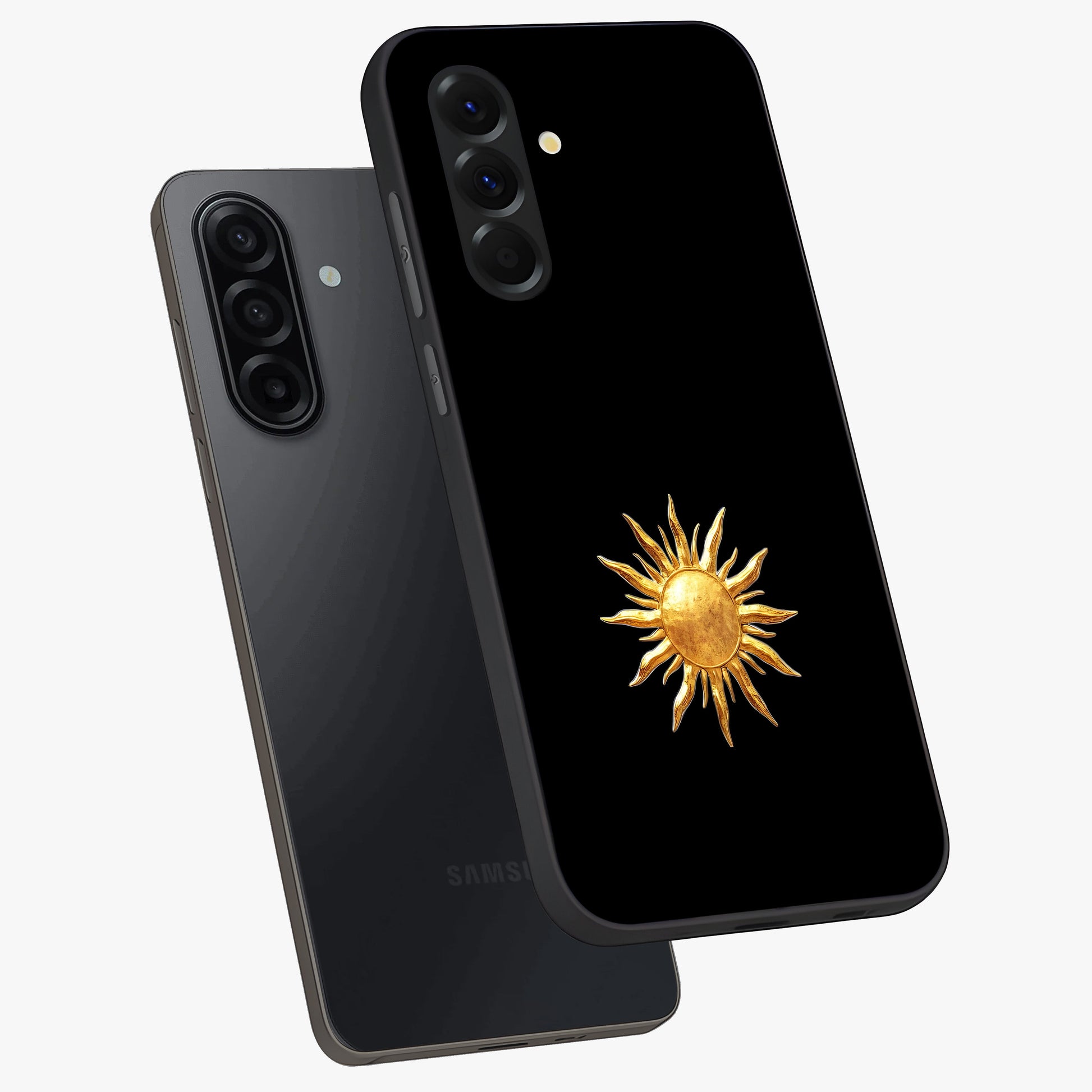 Golden Sun Minimalism Glass Case displayed in angled mockup highlighting eerie shadow illustration with gothic aesthetic.