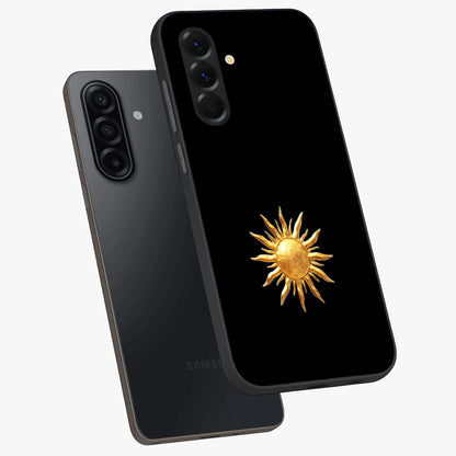 Golden Sun Minimalism Glass Case displayed in angled mockup highlighting eerie shadow illustration with gothic aesthetic.