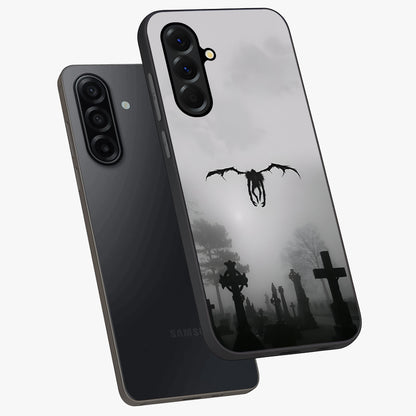 Graveyard Shadow Descent Glass Case displayed in angled mockup highlighting eerie shadow illustration with gothic aesthetic.