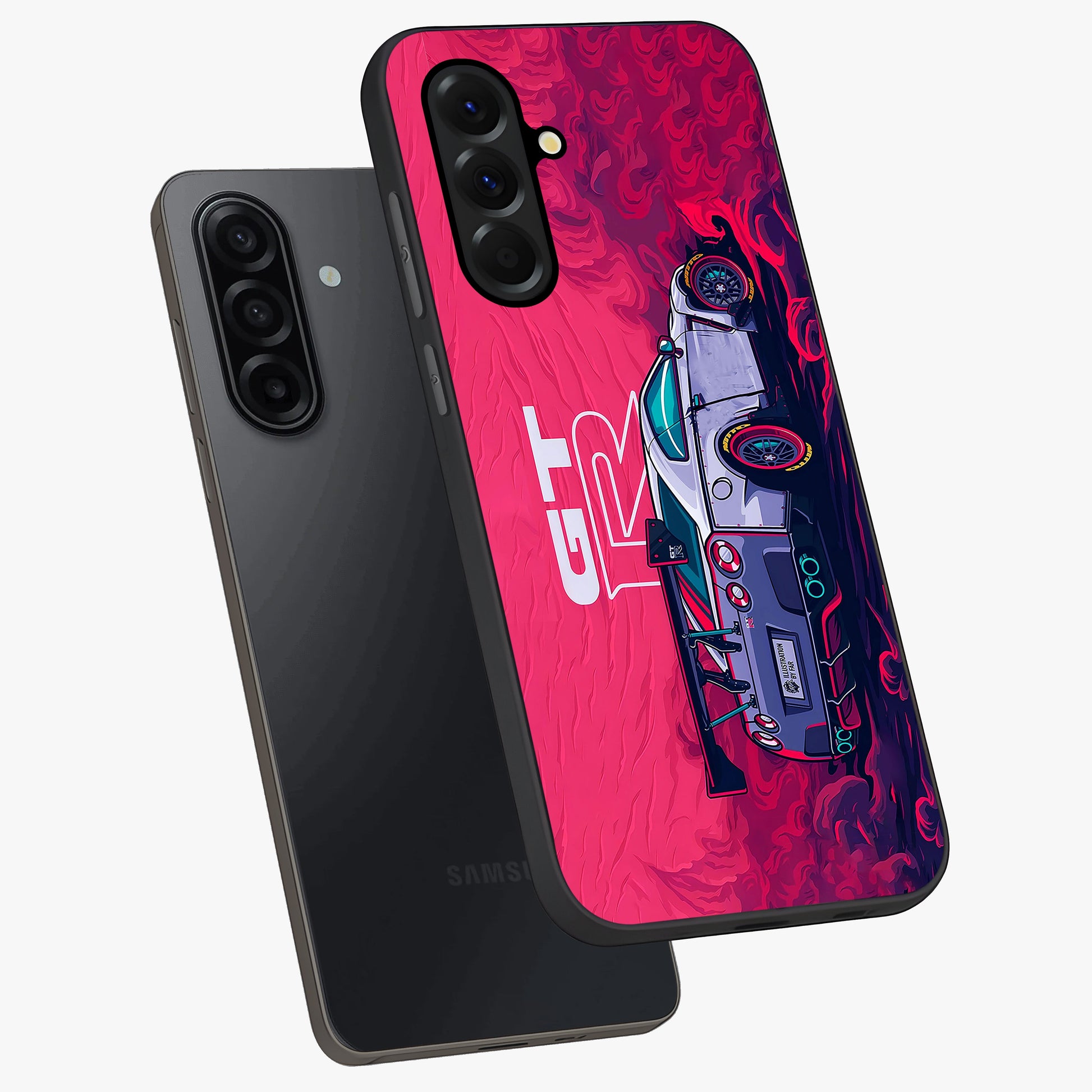 GT-R Car Pattern Glass Case displayed in angled mockup highlighting racing car graphic design with bold automotive aesthetic.