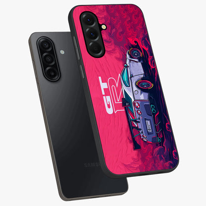 GT-R Car Pattern Glass Case displayed in angled mockup highlighting racing car graphic design with bold automotive aesthetic.
